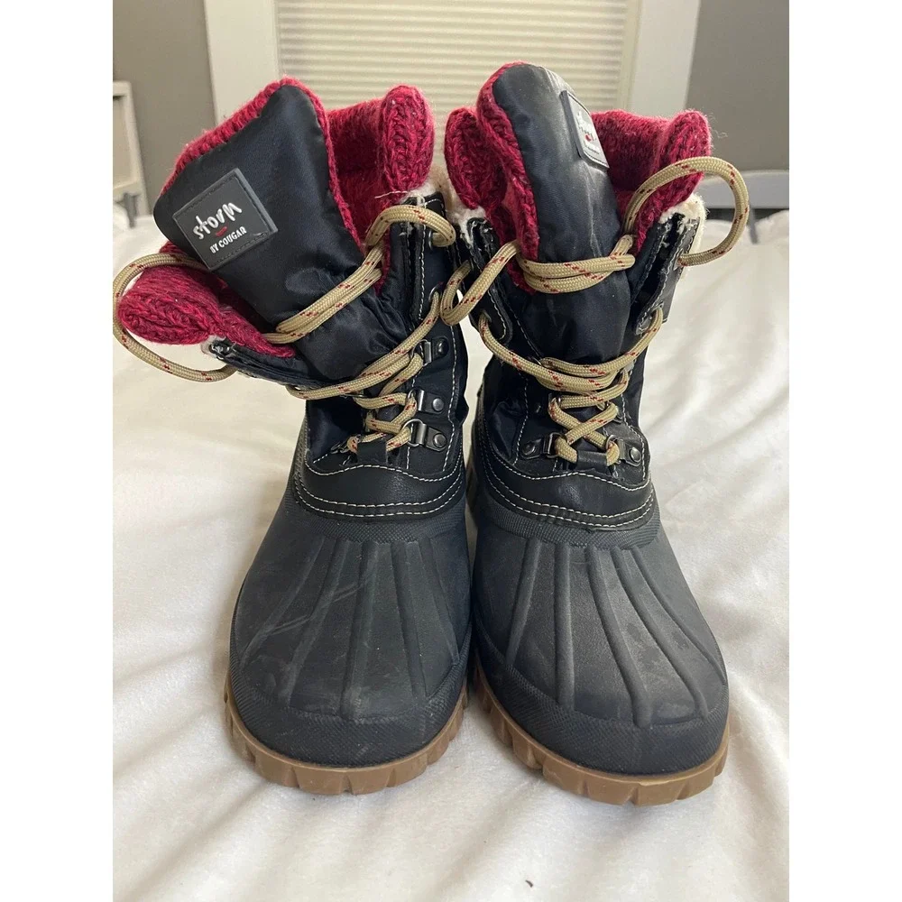 Storm by Cougar Creek Womens Black Red Knit Cuff Duck Winter Snow Boots Size 9